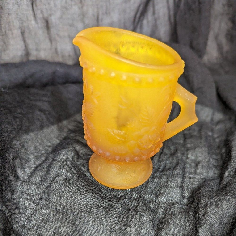 Vintage Mid Century Small Amber Glass Floral Footed Pitcher 3.5" Tall